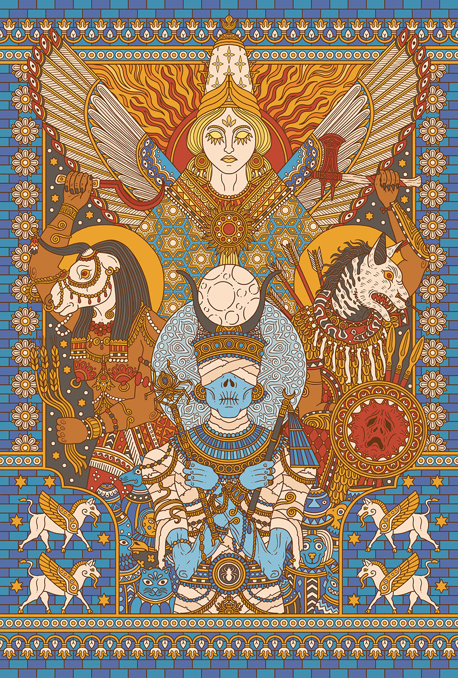 A mosaic style illustration of four gods inspired by the mosaics of the Ishtar Gate of Babylon. It depitcs a sky god with wings, a harvest god with the head of a cow, a war god with the head of a hyena, and a mummified god of death, the moon, and spiders.