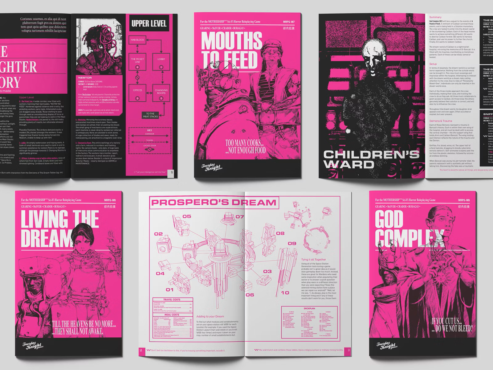 Six pink and black RPG zines laid out on a table showing various pages, illustrations of sci-fi figures, and station diagrams.
