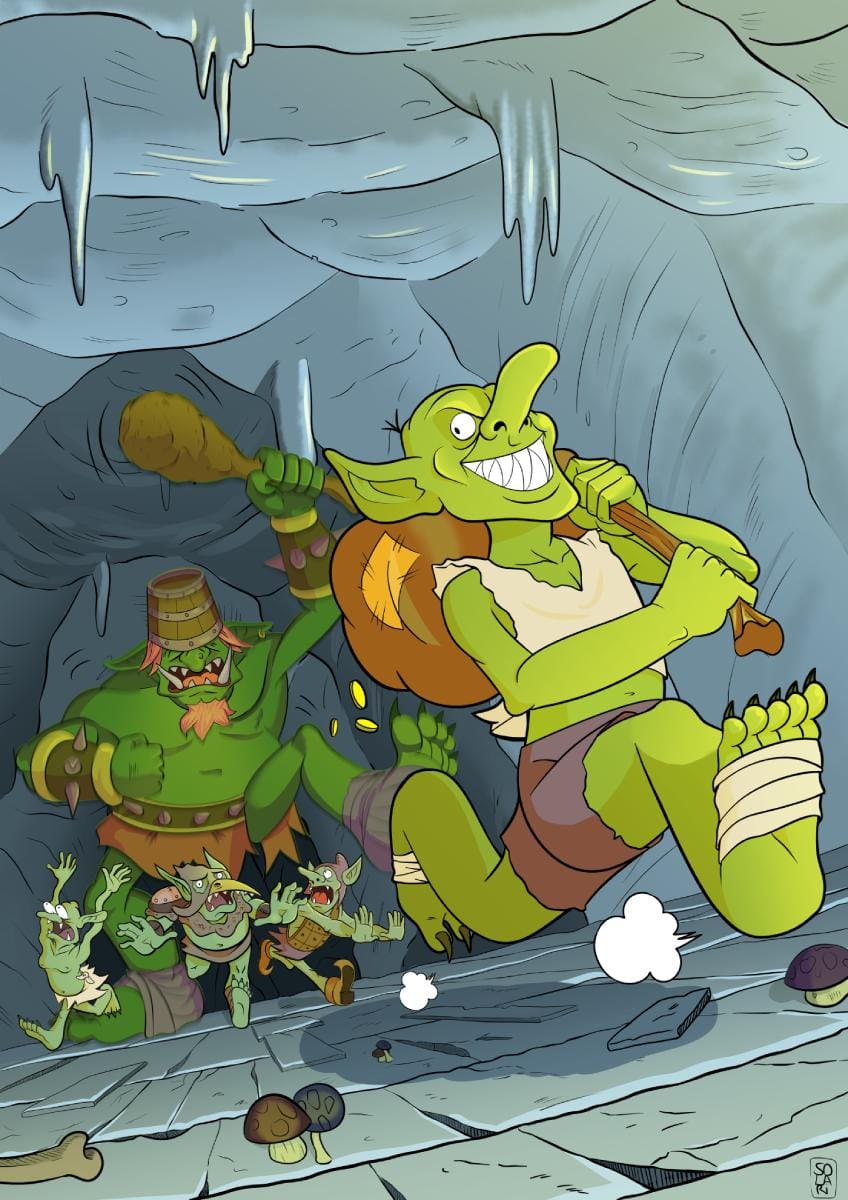 Illustration of a goblin fleeing with the loot while grinning slyly, as his three goblin friends in the background are chased by a troll wearing a bucket on his head and armed with a giant club.
