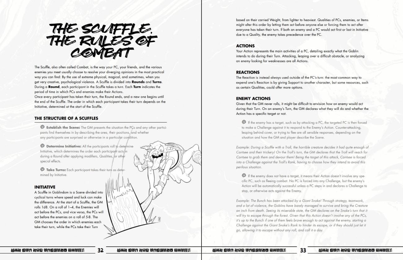 An example of Goblindom pages, specifically a page spread with the combat rules, titled 'Scuffle'