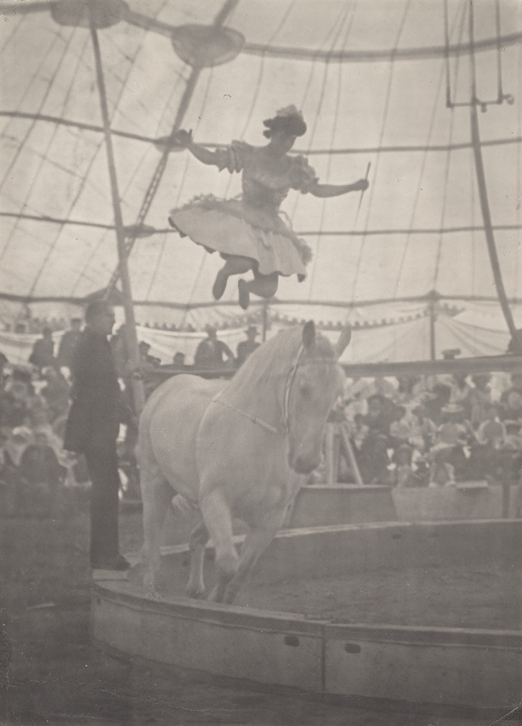 A grainy black-and-white photo inside a big top circus. A young girl is mid-air, her frilly dress spreading over her thighs as he hovers over a white horse, clearly performing an acrobatics trick from the back of the horse.
