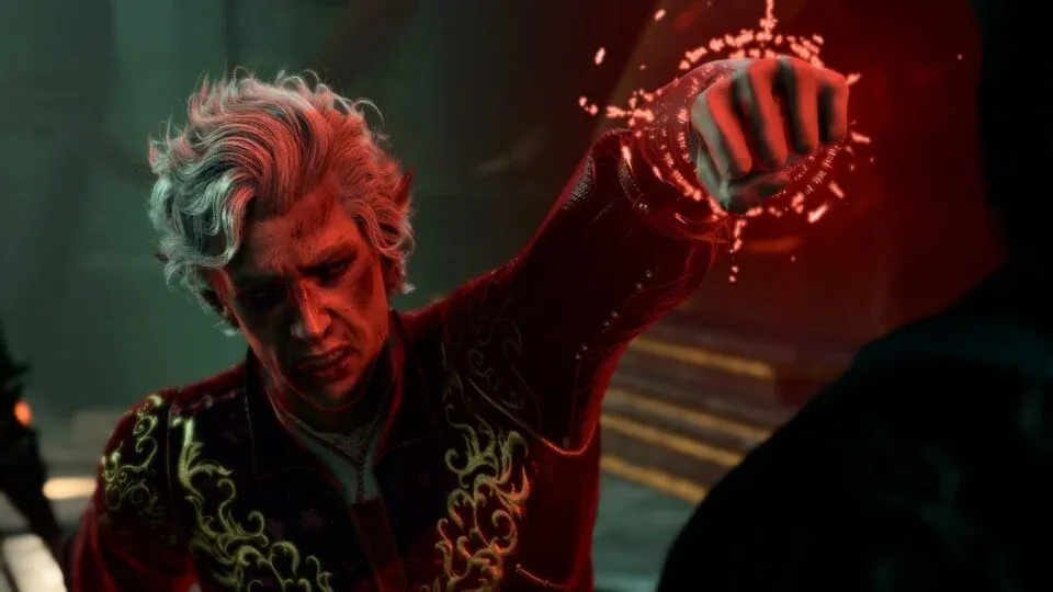 A white-haired high elf attempst to throw a punch, but is stopped by a shackle of red runic light. His face is pained and desperate, and the shadows are lit by the red magic glow.