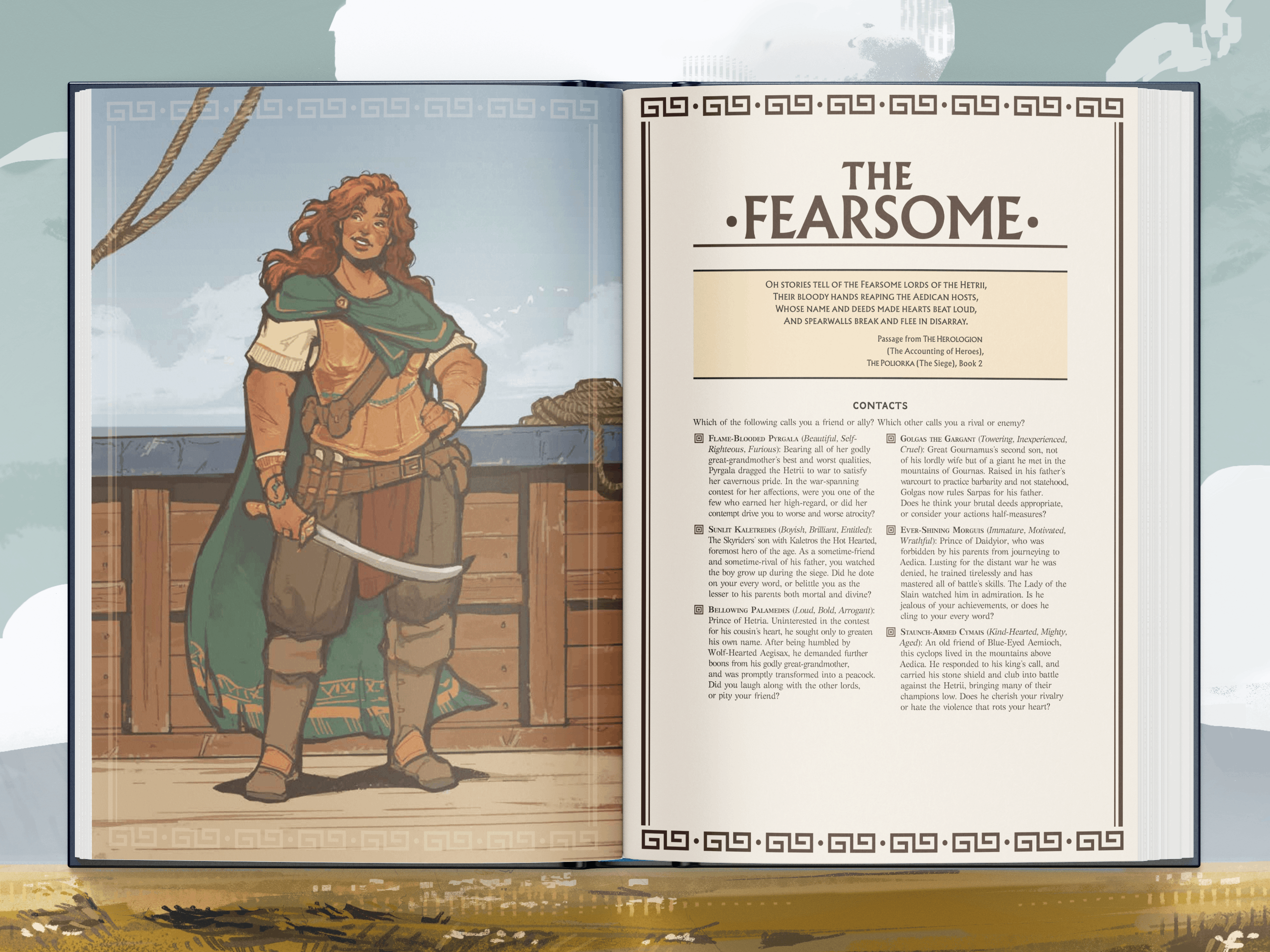 Mockup of an internal double page spread from Atrapos showing The Fearsome. A full page illustration on the left, and introduction to character creation on the right. Illustration of The Fearsome, a muscular tanned woman with long curly red hair wielding a curved short sword. She wears a deep teal cloak with gold trim, bronze chestplate, loose puffy brown trousers and leather boots. She stands proudly with one hand on her hip.