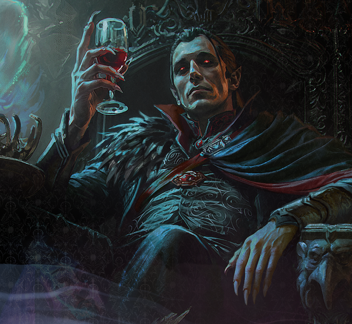 A vampire with red eyes and ornate black dress garb lounges in a big chair and holds a glass of crimson liquid.