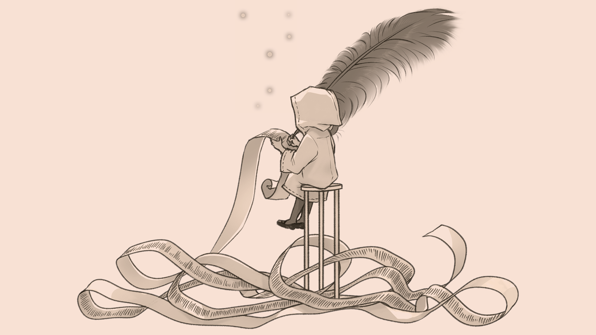 A black and white drawing of a small hooded, robed figure writing with an oversized quill on a long length of curling parchment. The background is peach.