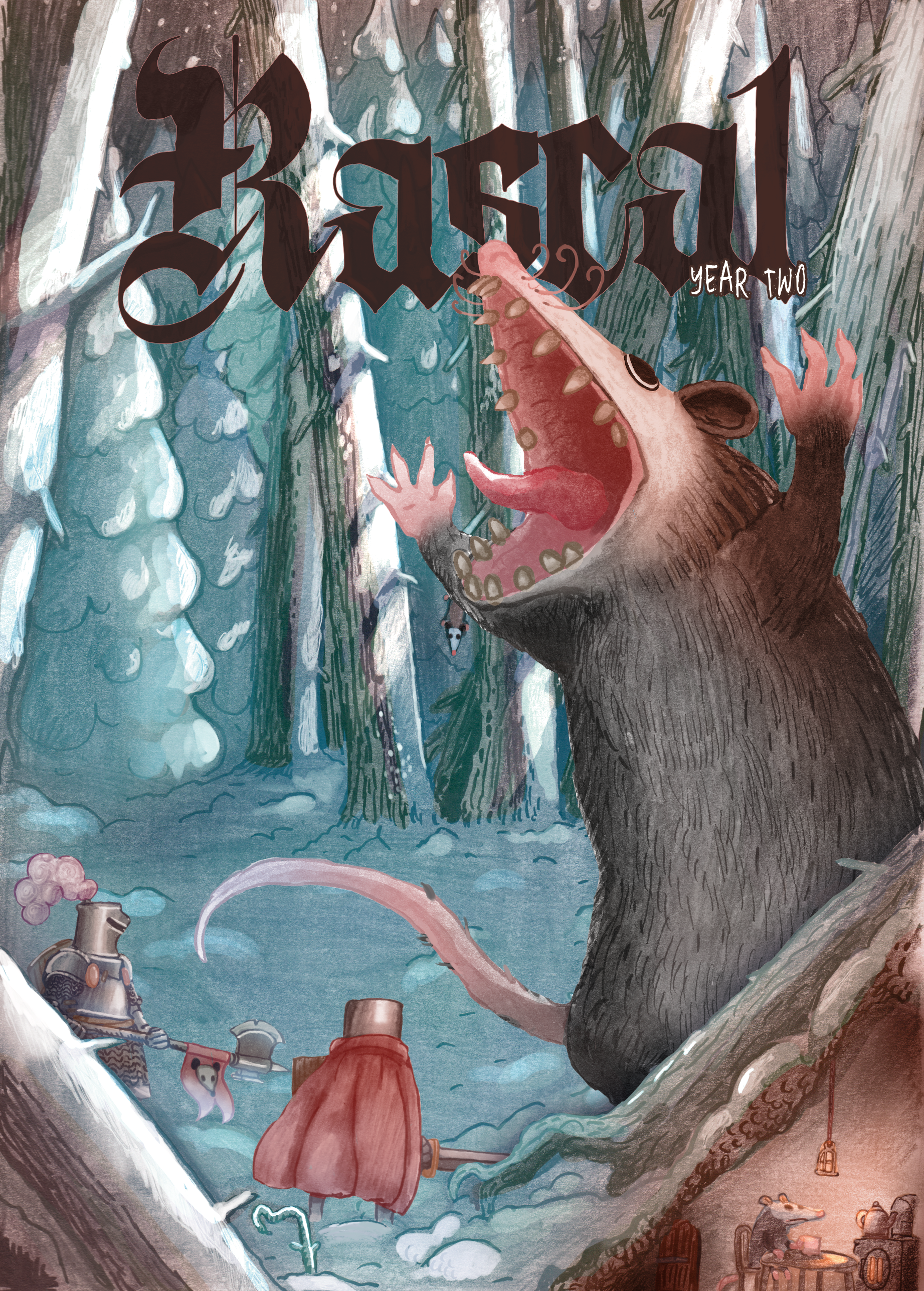 Illustration of two knights facing off against a dire possum in a snow-covered forest. The creature screams wide with warms raised. The words "Rascal Year Two" are above the scene.