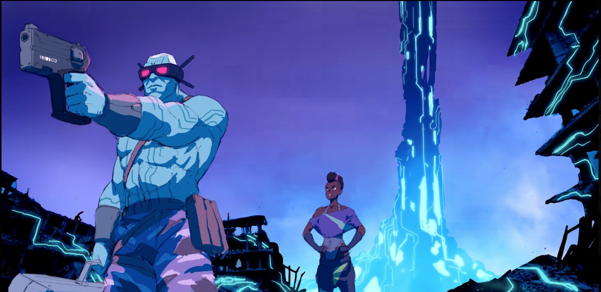 A pair of unhappy-looking characters with a glowing spire in the distance.
