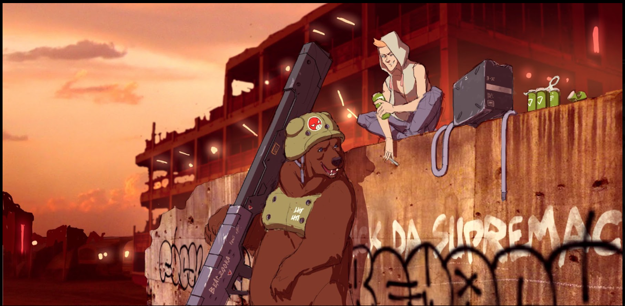 A young man enjoys a beverage and conversation with an armored humanoid bear carrying a rocket launcher.