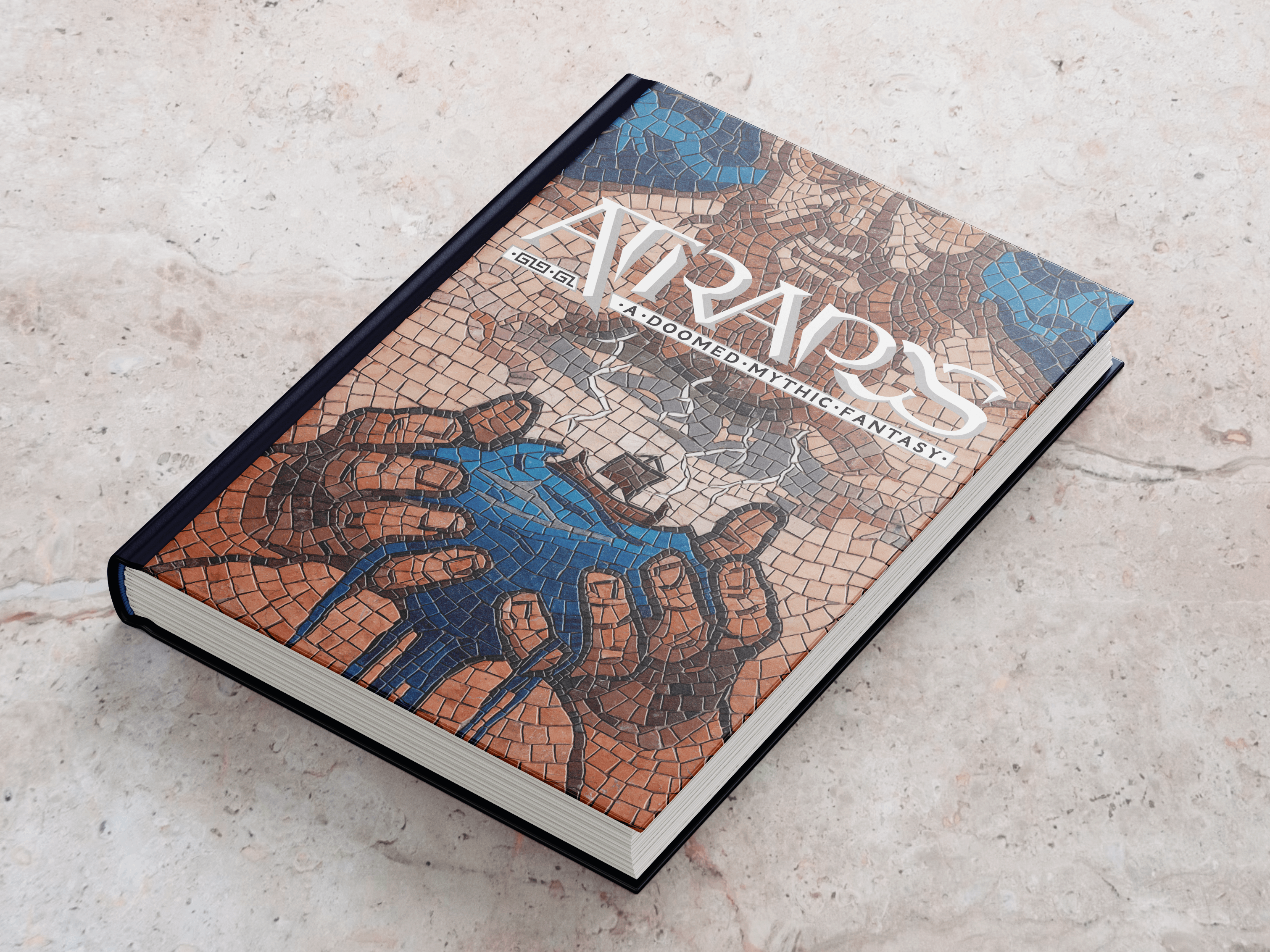 The cover of Atrapos, a mythic fantasy roleplaying game. A mosaic of a godly figure with a heavy build, a bushy beard and a barechest, holds a ship like a toys in his hands, the ocean flowing out between his fingers.