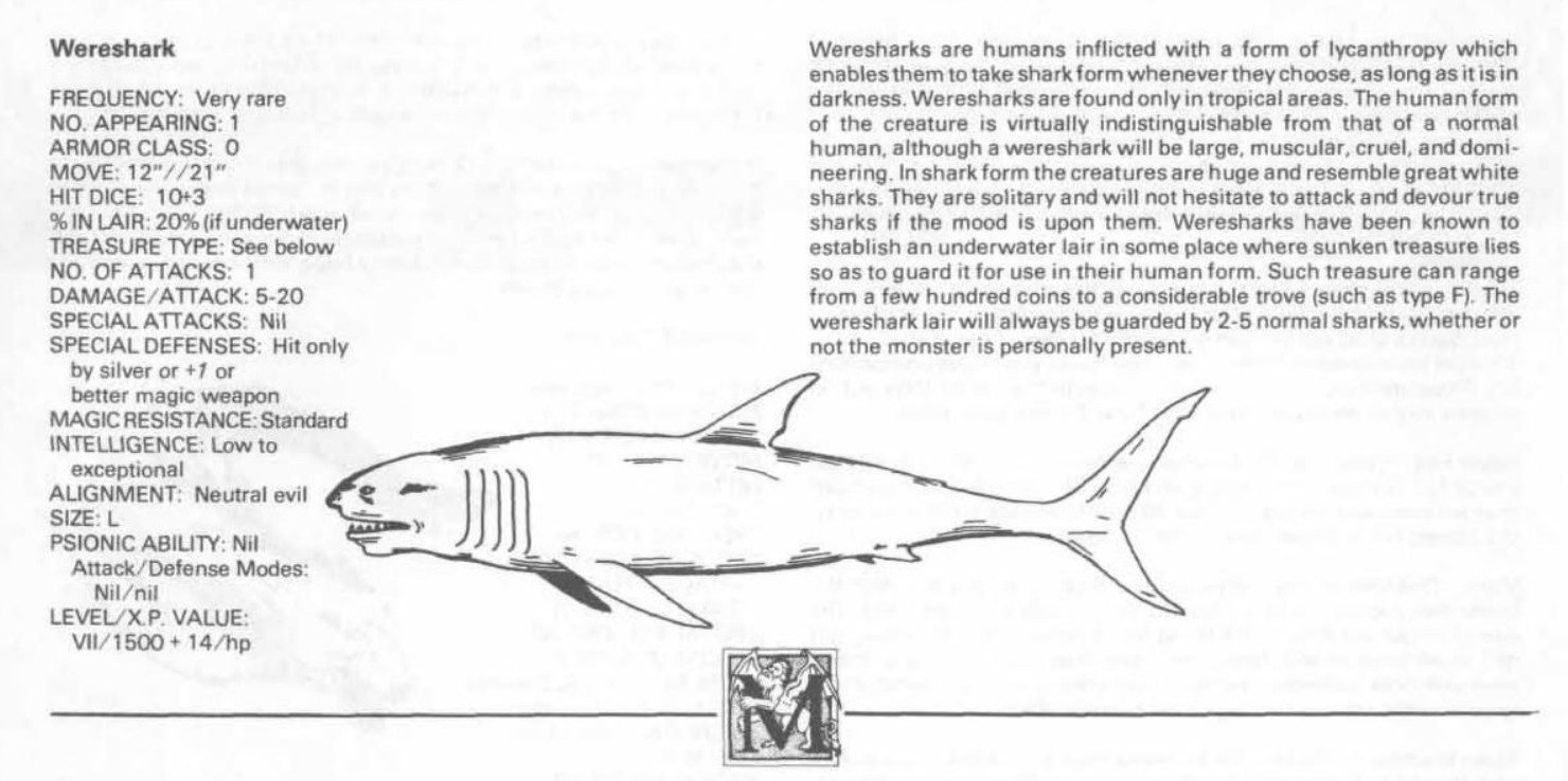 A screenshot from Monster Manual, published 1983, showing a wereshark. The text is small and generally silly, and the crudely drawn shark is equally silly. Still, it's very charming to read "Psionic ability: Nil"