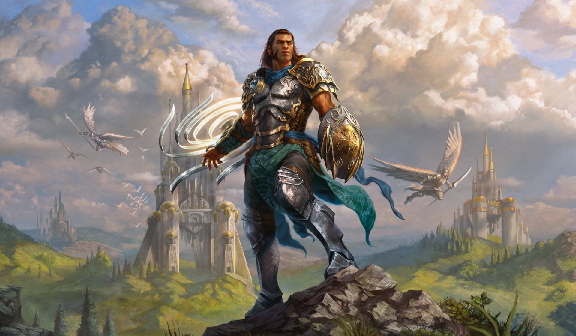 A warrior in white and gold armor strikes a heroic pose on a hill top. Angles and glowing castles fill a lush green background.