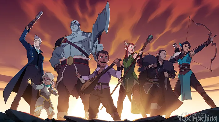 A promotional still from Vox Machina, showing the main seven characters of various fantasy backgrounds and skills in action poses front of a sunrise.
