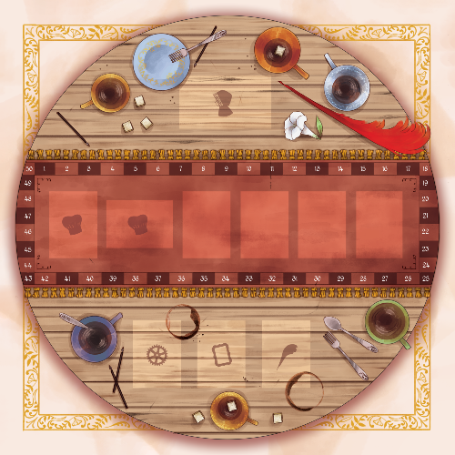 A top-down view of a circular game board with a wood-grain texture. A faded red table runner splits the board in two and has space for various card decks upon it. It is surrounded by drawings of coffee cups and utensils in use.
