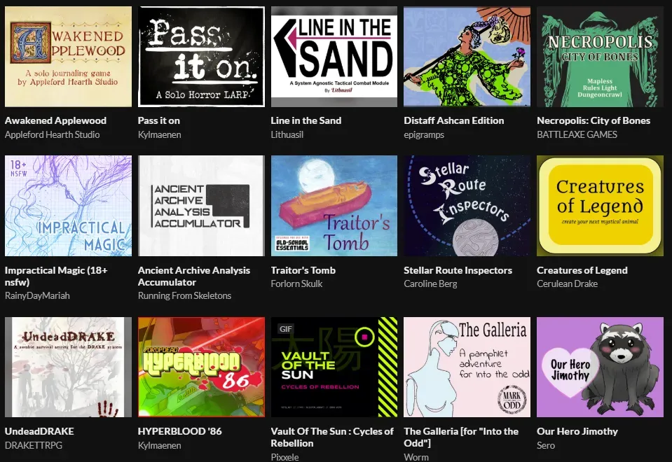 A screenshot of the TTRPG Collective 3rd Anniversary bundle page showing thumbnails for 15 out of the 48 projects included.