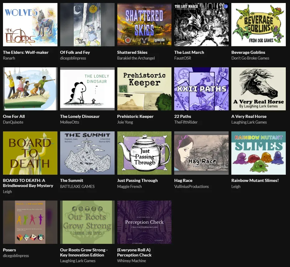 A screenshot of the TTRPG Collective 3rd Anniversary bundle page showing thumbnails for 18 out of the 48 projects included.