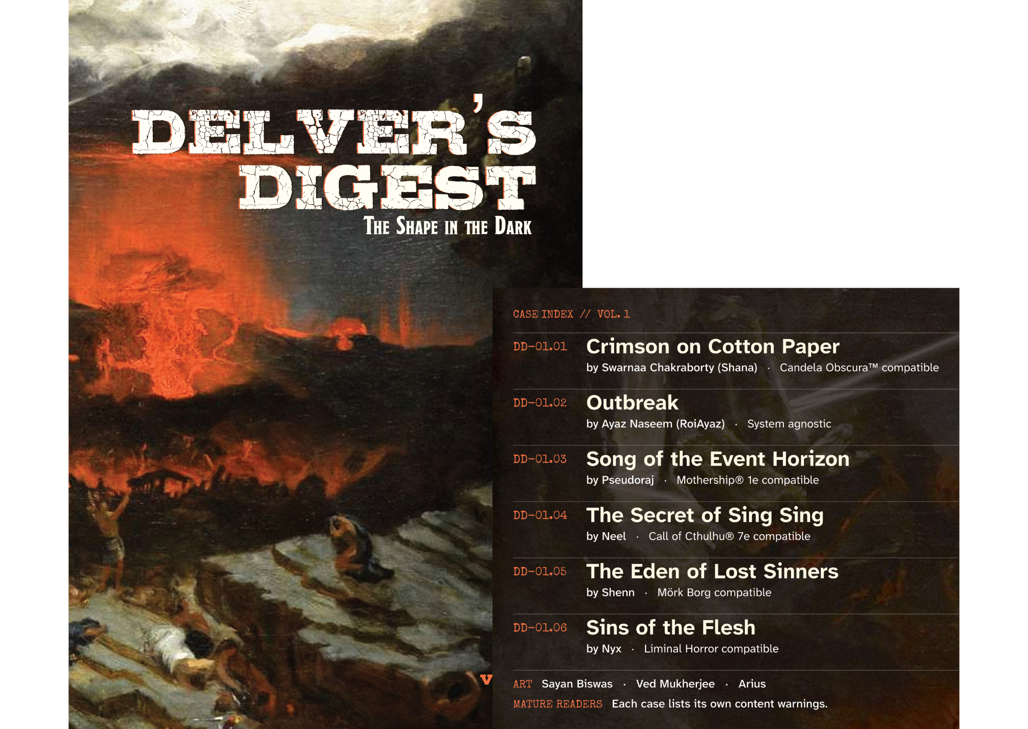 Visual e componentes de Delver's Digest: uma antologia de horror TTRPG com seis one-shots de autores indianos