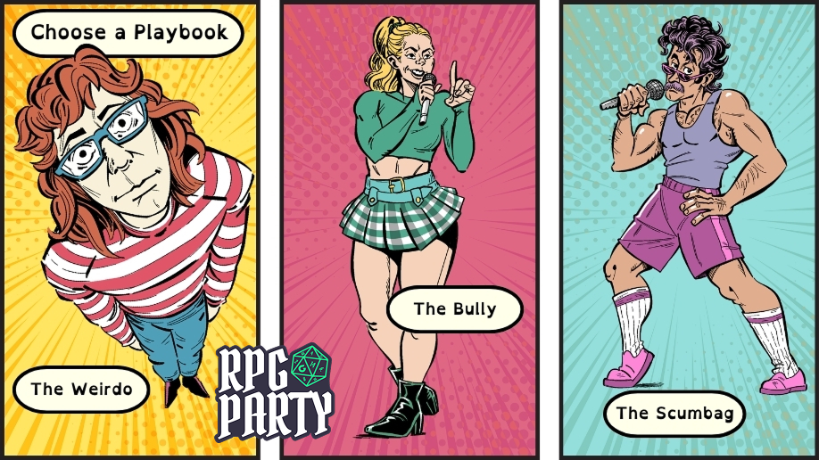 Three character playbooks for Road Warriors: The Weirdo, a lanky man with an androgynous haircut and big glasses staring straight at the viewer; The Bully, a muscular woman with a high blonde ponytail wagging her finger at the audience; and The Scumbag, a middle aged man with a mustache and lots of chest hair making bedroom eyes at the audience