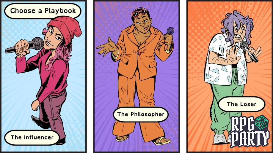Three character playbooks for Road Warriors: The Influencer, a young woman in stylish clothes smirks into the camera; The Philosopher, a woman in a pantsuit shrugs and sneers smugly at the audience; The Loser, a disheveled man in sweatpants and Hawaiian shirt holds up his hands sheepishly.