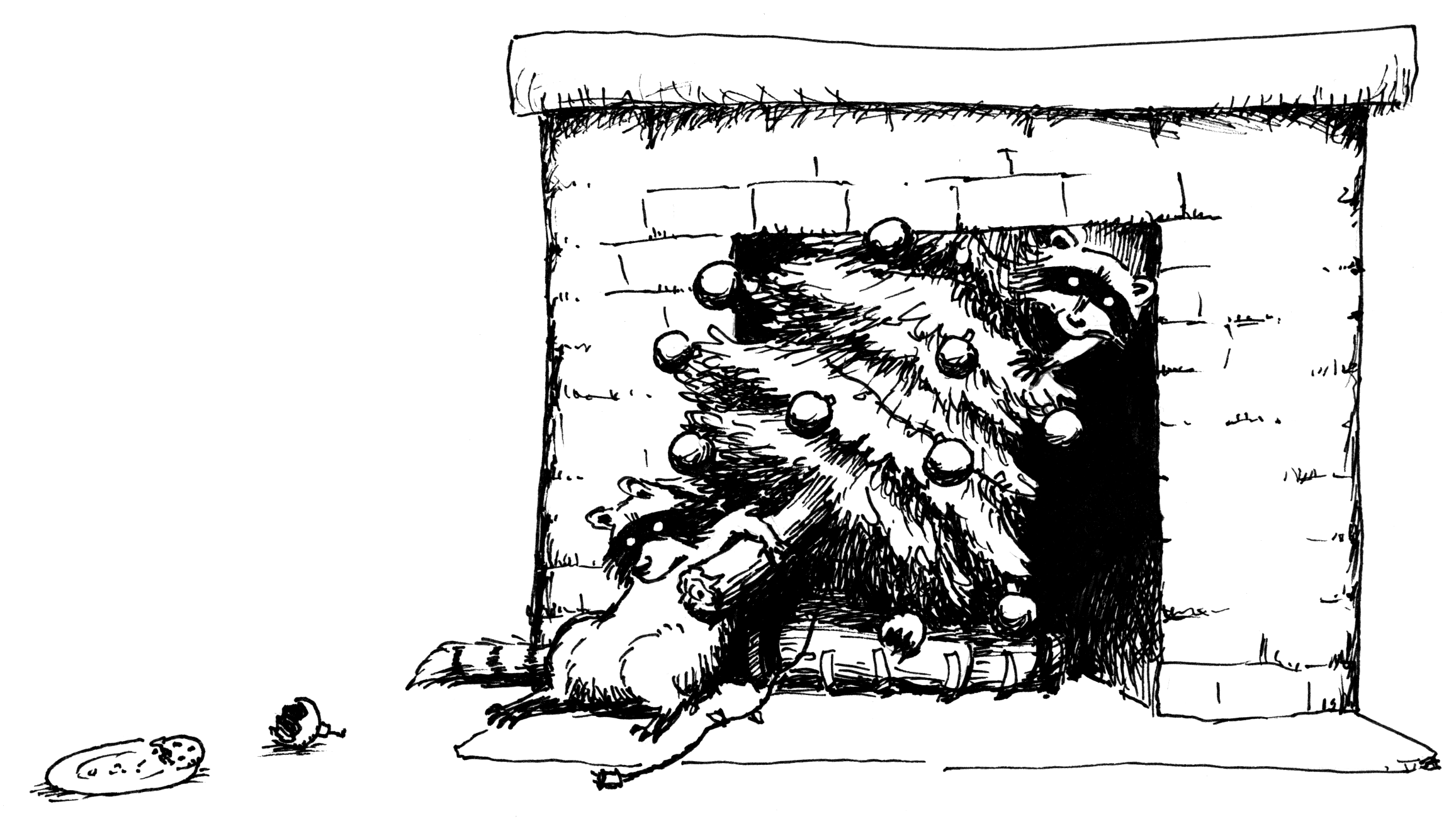 Two raccoons try to shove a Christmas tree up a fireplace's chimney.