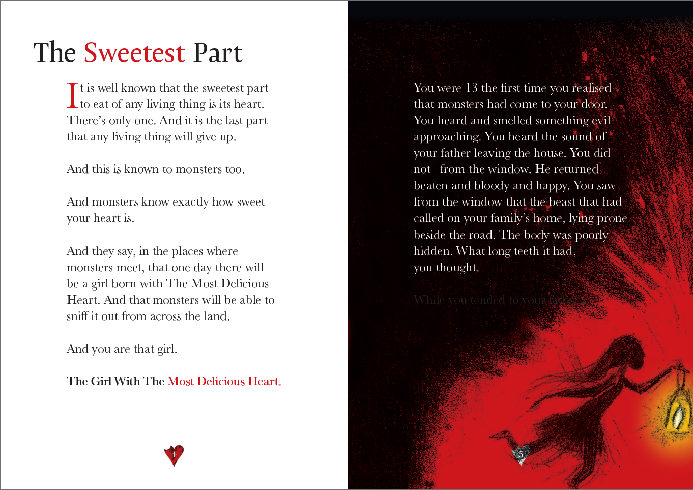 Example spread of The Girl With The Most Delicious Heart. The page describes the set up of the game - that you are the girl with the most delicious heart, and that monsters want to eat it.