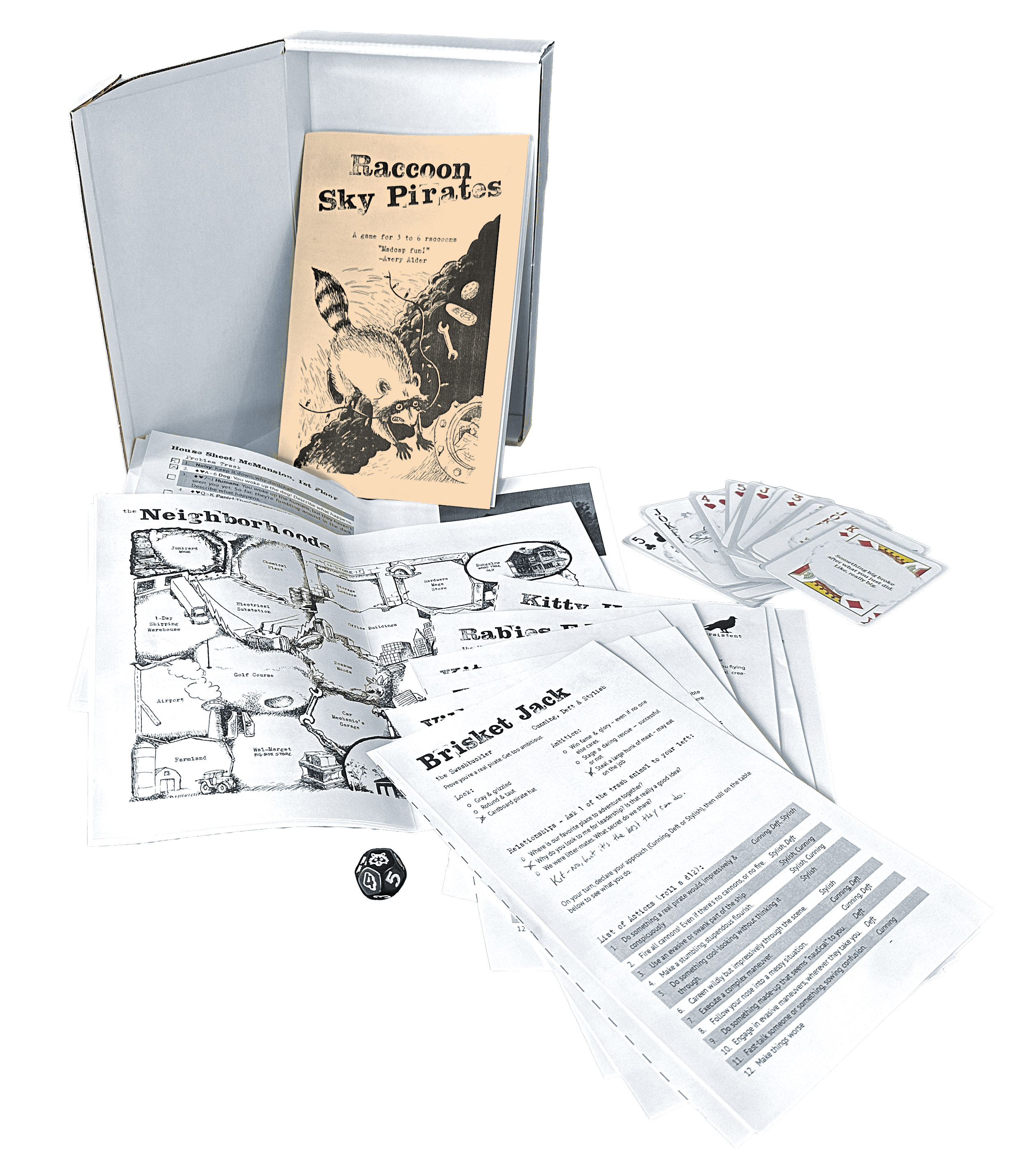 White mailer box with a zine, several black-and-white play sheets, an array of poker cards with type on them, and a black 12-sided die