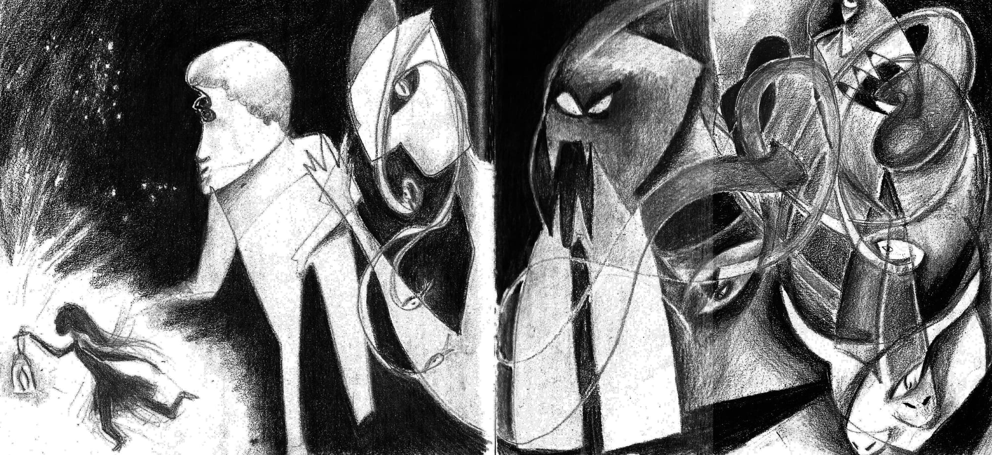 A pencil drawing in the style of Guernica, but with monsters chasing a girl