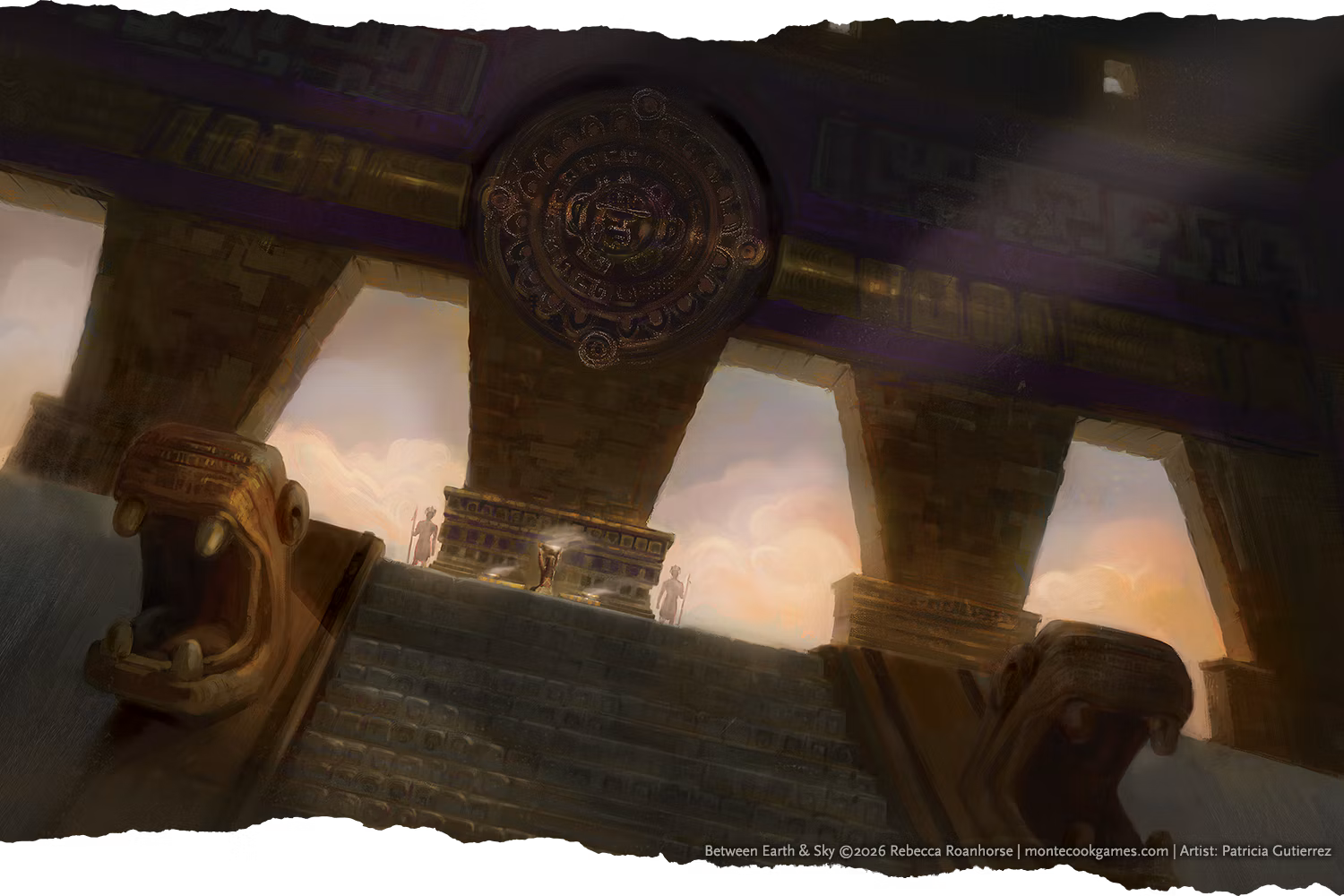 An illustration of a massive Mesoamerican-style temple with some sort of ceremony being performed at the top of an impressive and steep stairway