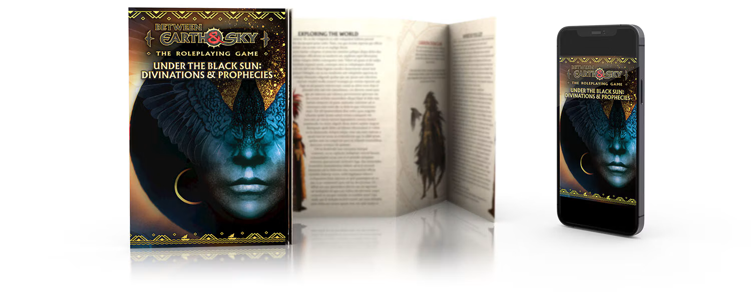 An illustration show Under the Black Sun as a physical zine with accordion-style binding, as well as the digital PDF on mobile