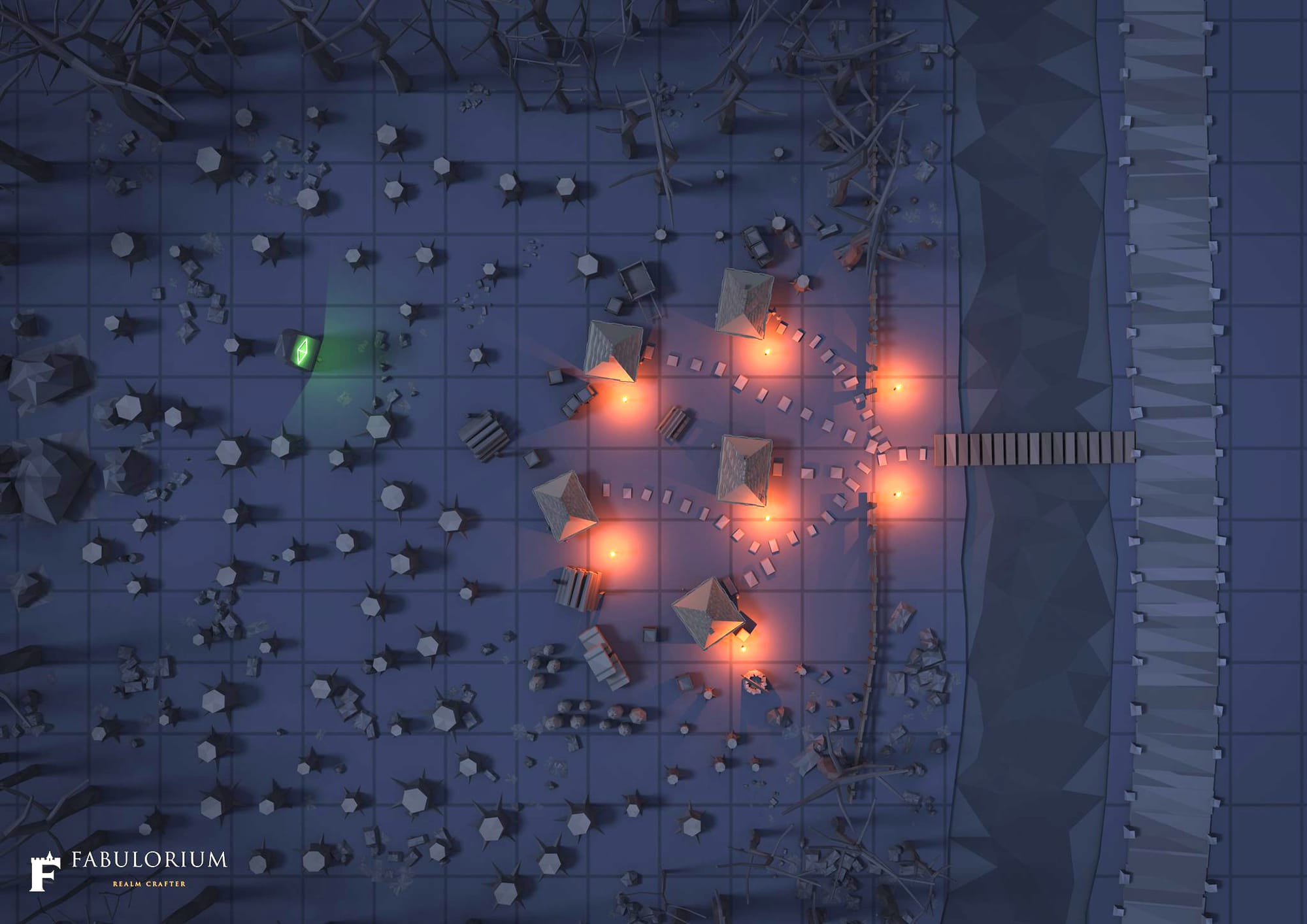 Top-down night battlemap of Karrholt, a forest village, with a square grid