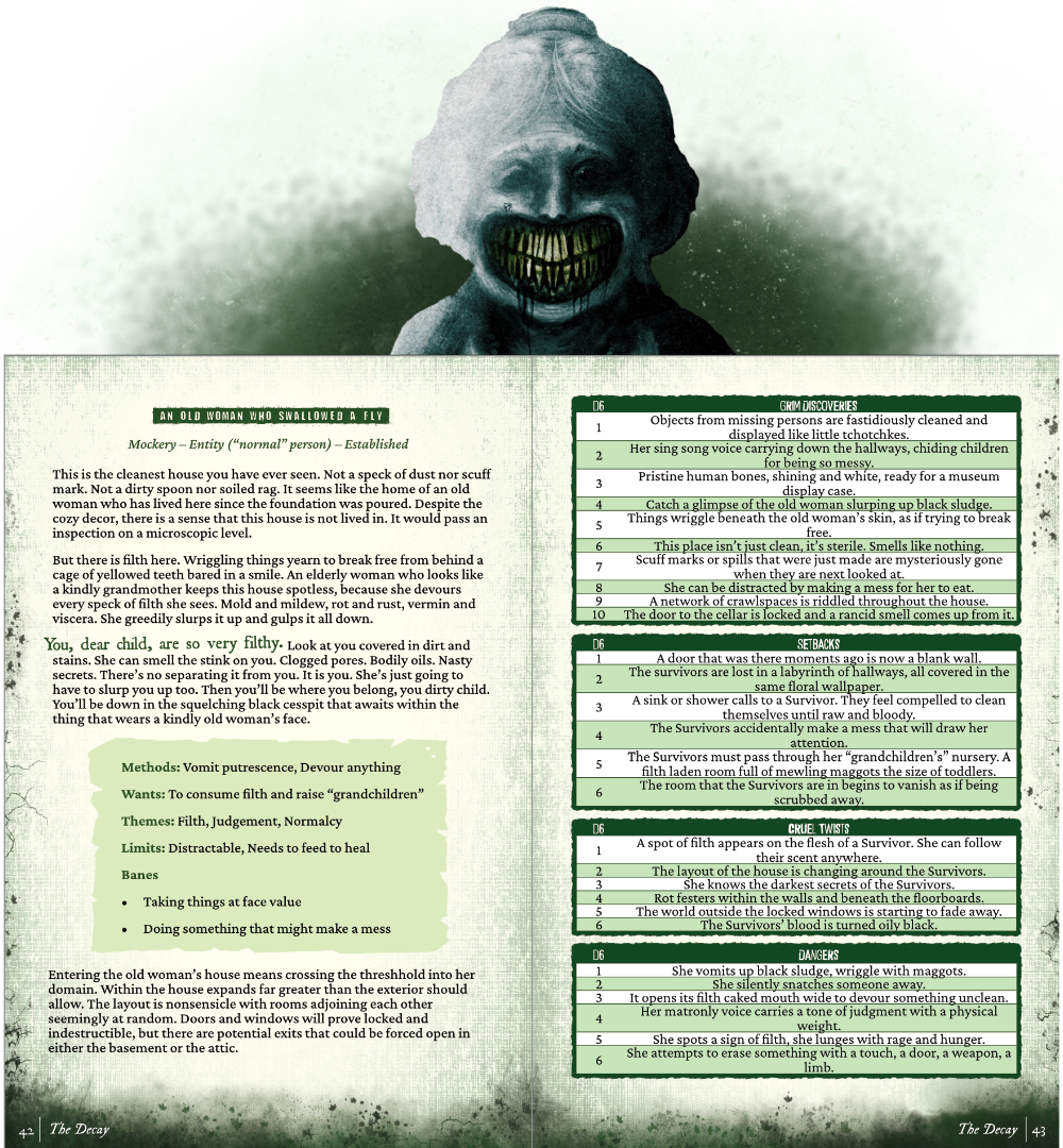 A two page spread from The Decay, showing a horror layout. Pages 42 and 43 of Fresh Decay.