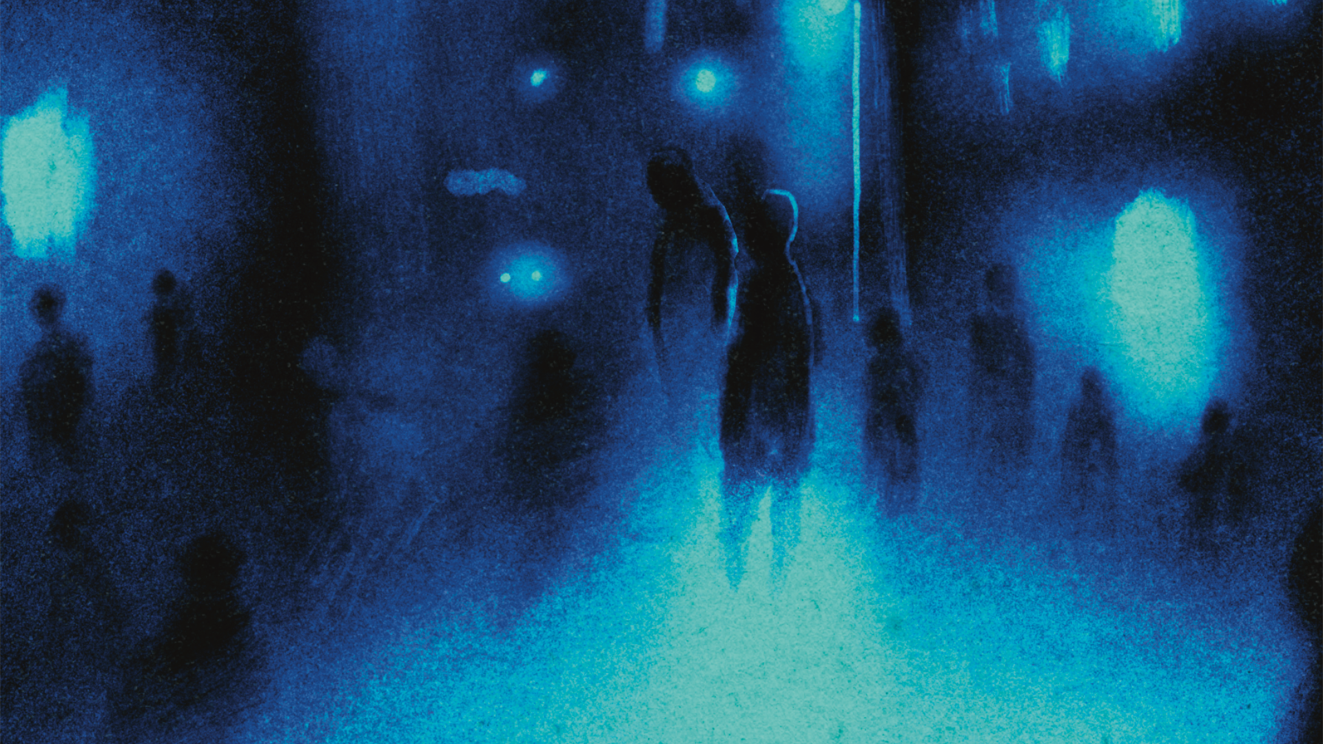 Dark silhouettes of people shuffle through the city streets. Everything cast in shades of black and blue.