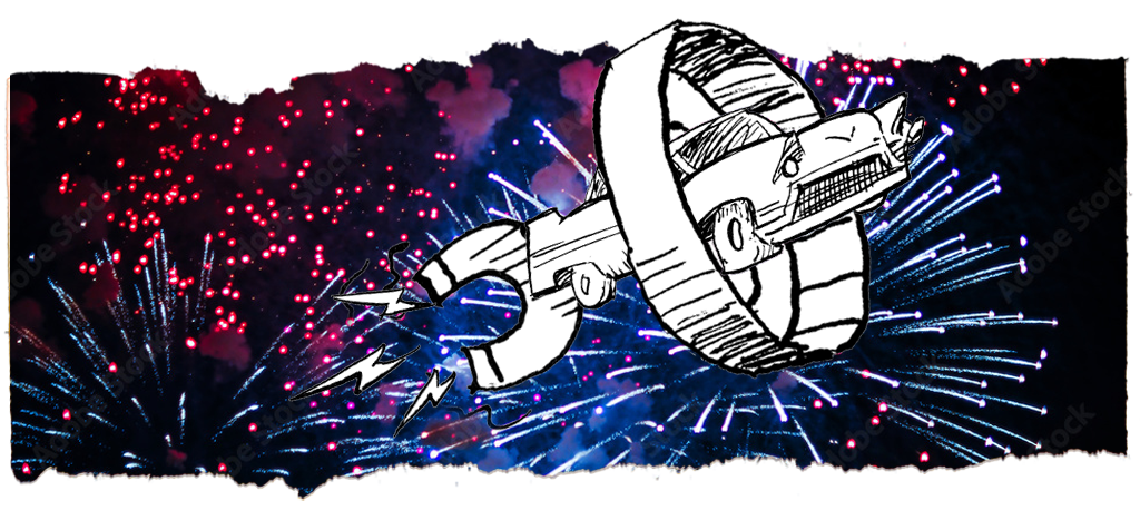 Flying Cadillac powered by magnets sails across a night sky full of red, white and blue fireworks.