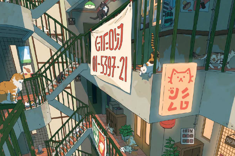 Artwork for Obojima: Tales from Yatamon, depicting several floors of the Eminence Hotel, which is run by team of awakened cats.