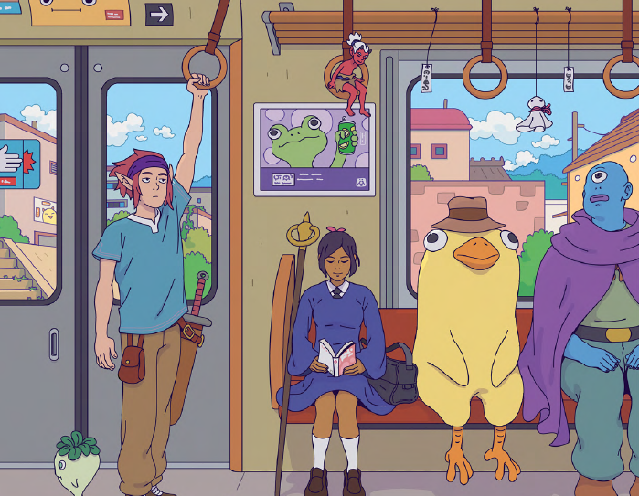 Artwork for Obojima: Tales from Yatamon, showing commuters in Yatamon - including an elf, a witch, a duck spirit, and a blue Dara - travelling via its metro train service.