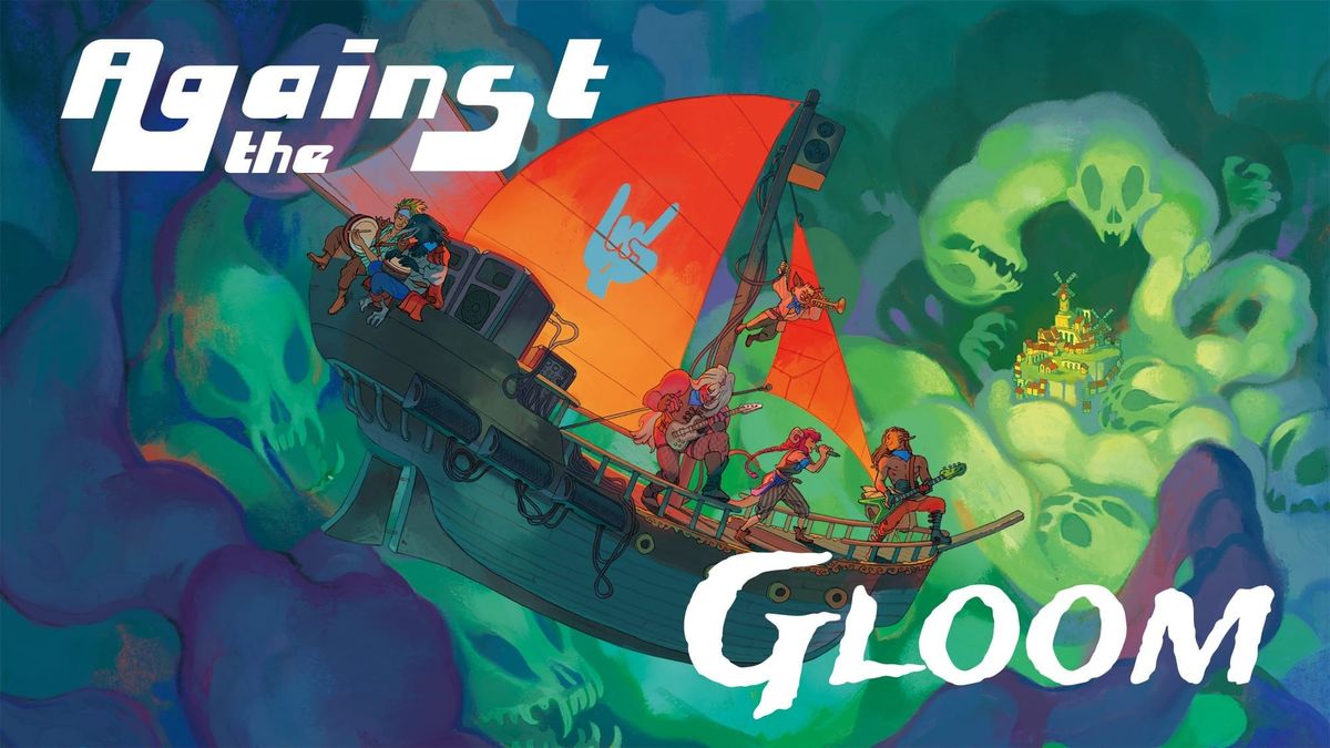 A pirate ship, crewed by a band in the throes of playing a song.