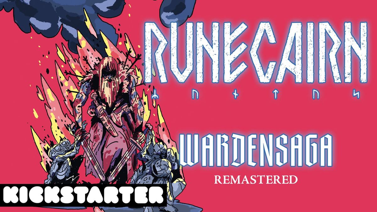 Runecairn Wardensaga Remastered. Vibrant blue and magenta, burning Viking warrior. Art by CROM.