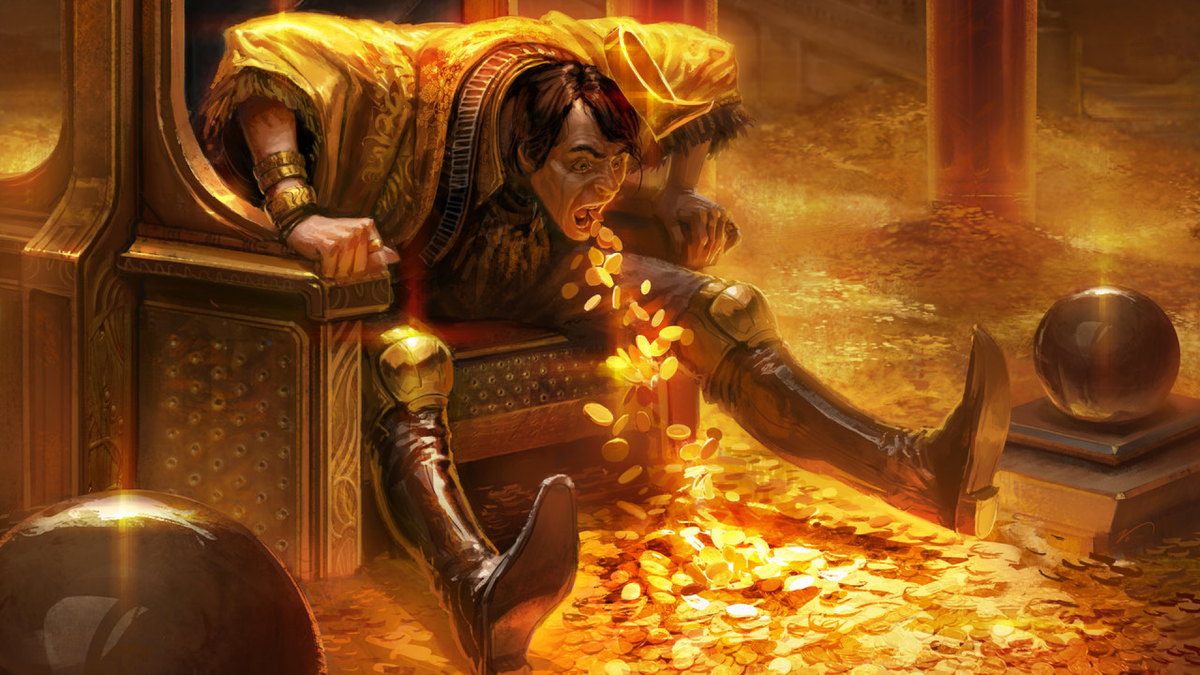 A man sits on a golden throne, vomiting gold coins into a room already filled with glittering treasure.