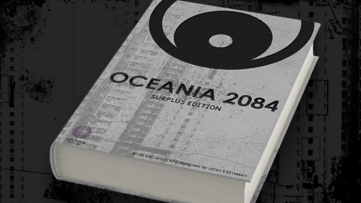 A book of Oceania 2084 on worn images of brutalist architecture 