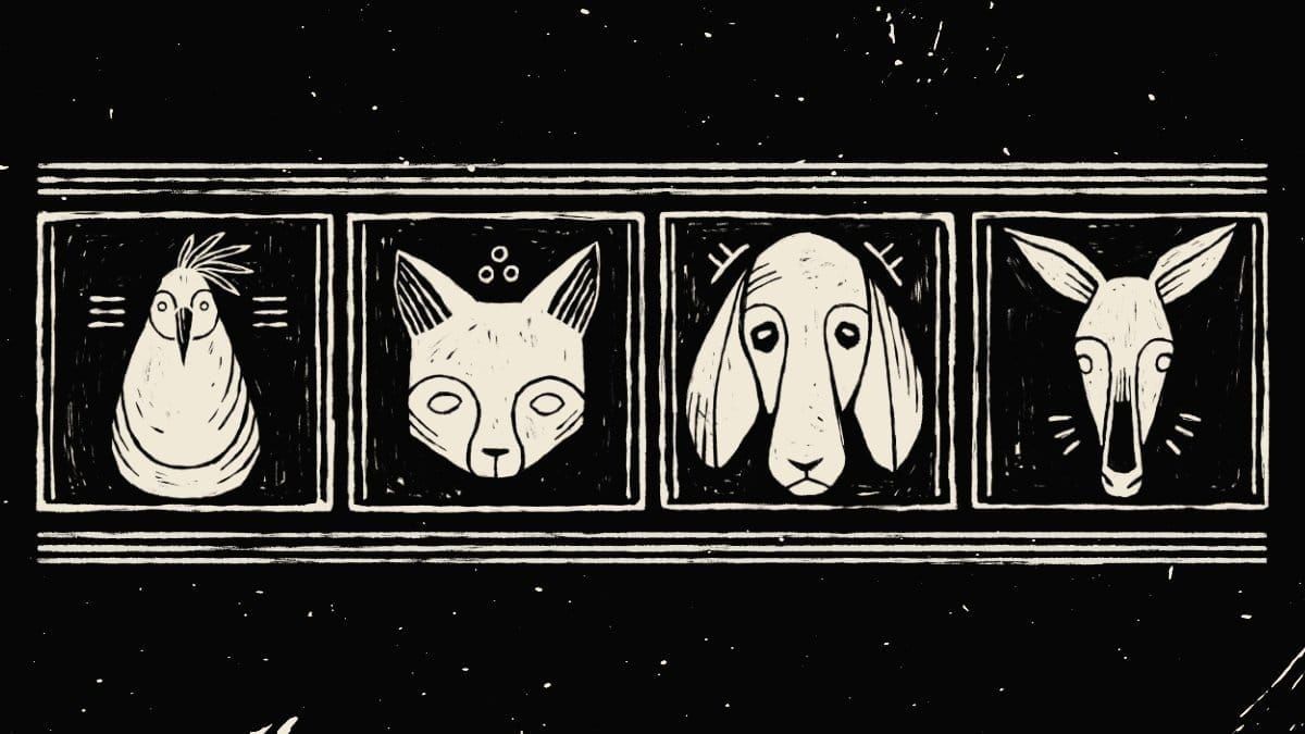 Woodburn-style quartet of four animal faces: Cockeral, Cat, Hound and Mule.
