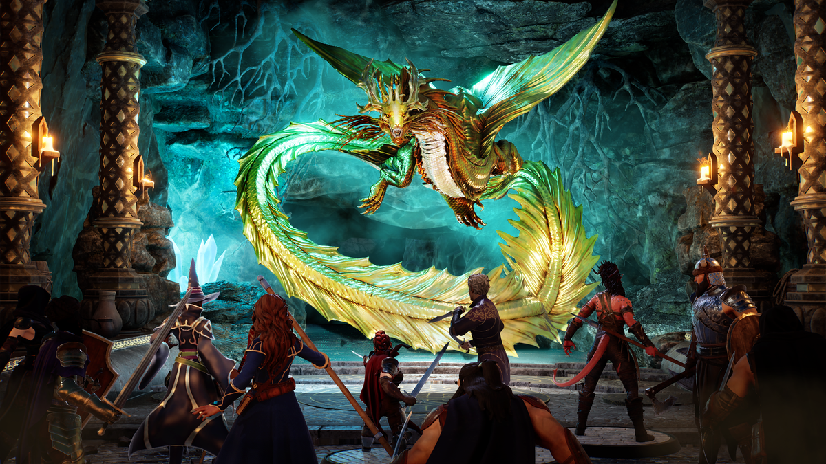 Adventurers face down a gold dragon in an eerie cave, miniatures in the Project Sigil system.