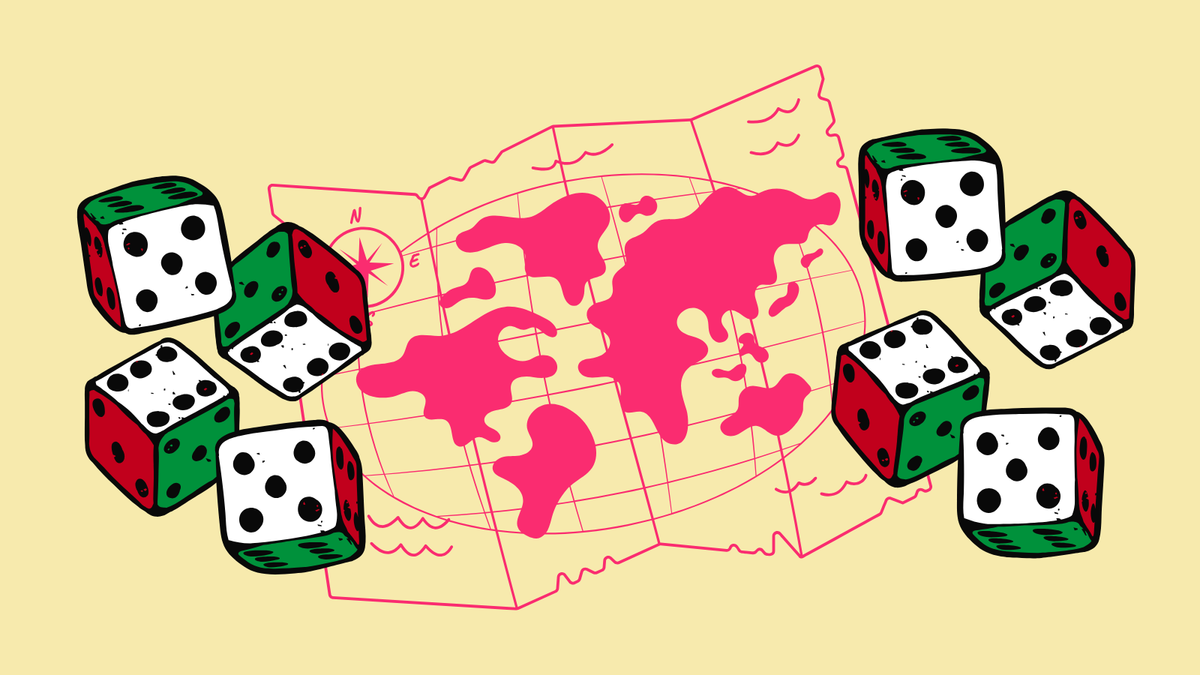 Dice in the color of the Italian flag across a Rascal pink and brown background