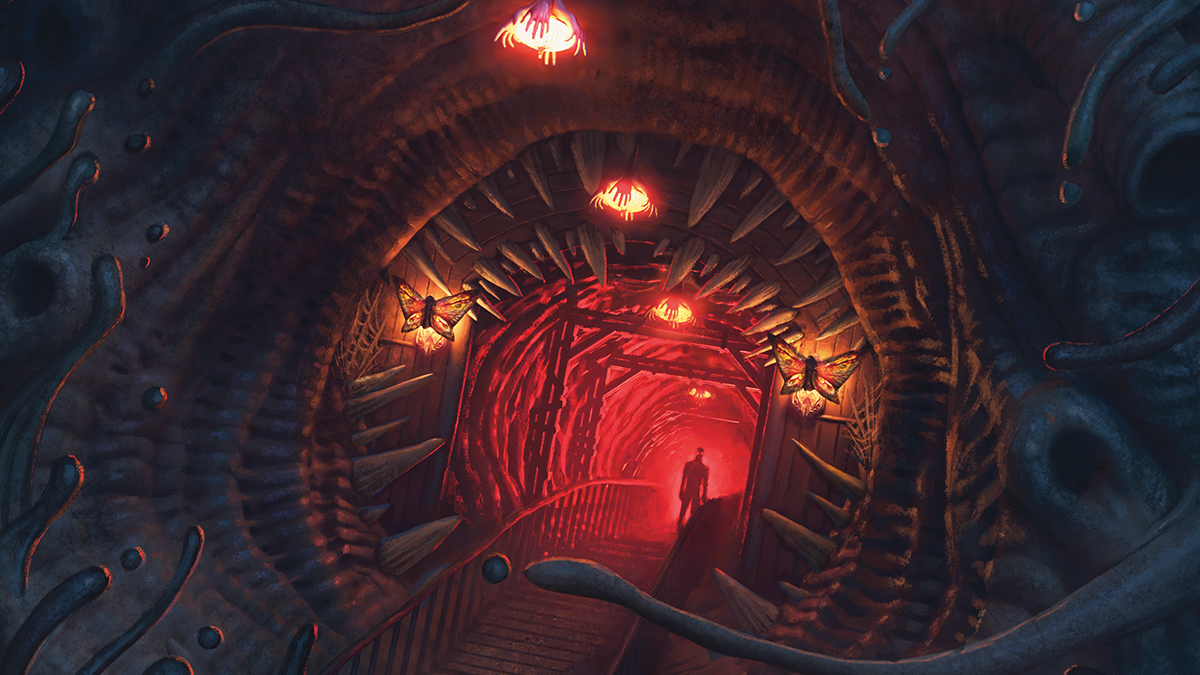 A shadowy figures stands at the end of a red-lit hallway leading into the mouth of a nightmare monster.