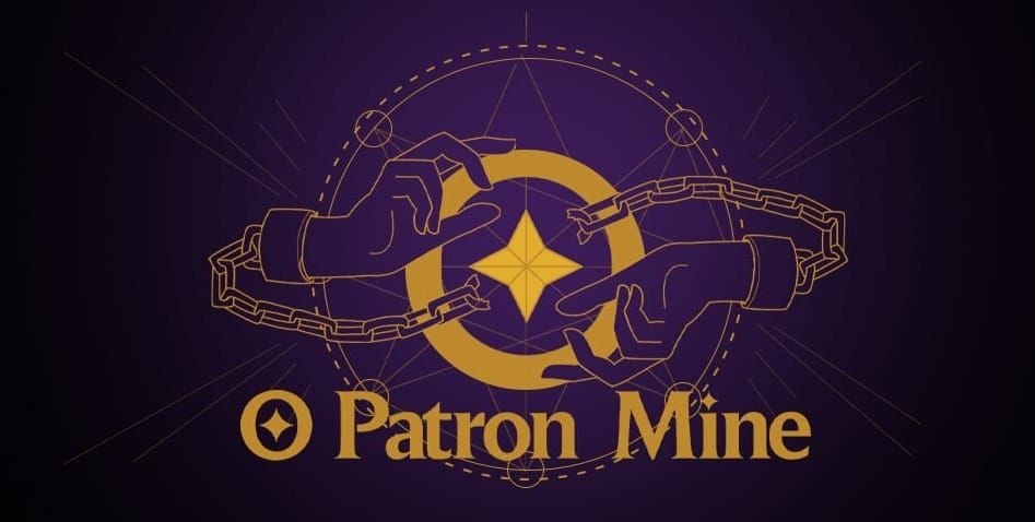A pair of chained gold hands reaching for one another on a purple background. Text reads "O Patron Mine"