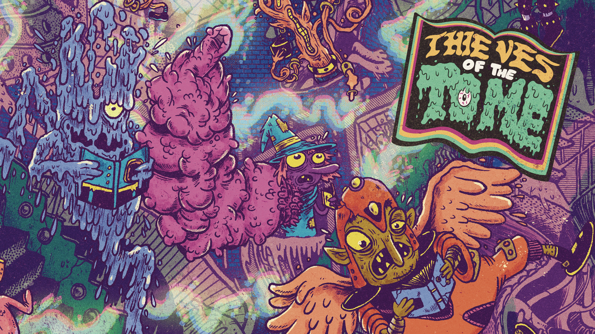 An illustration in an acidpunk style of three wizards holding spellbooks who have each caused some unfortunate fate.
