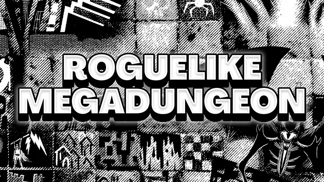 The logo Roguelike Megadungeon over digitally textured tiles with drawings of dungeon themed art inside many of them