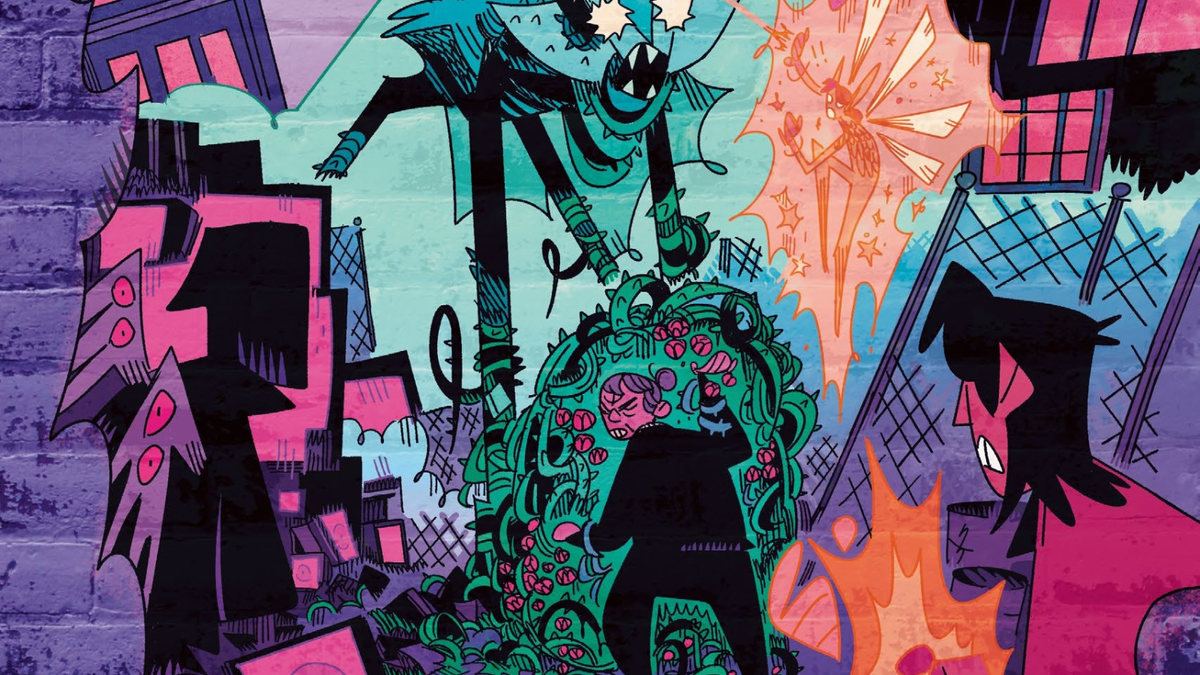 a grandma type banishing a demon in a graffiti block art style