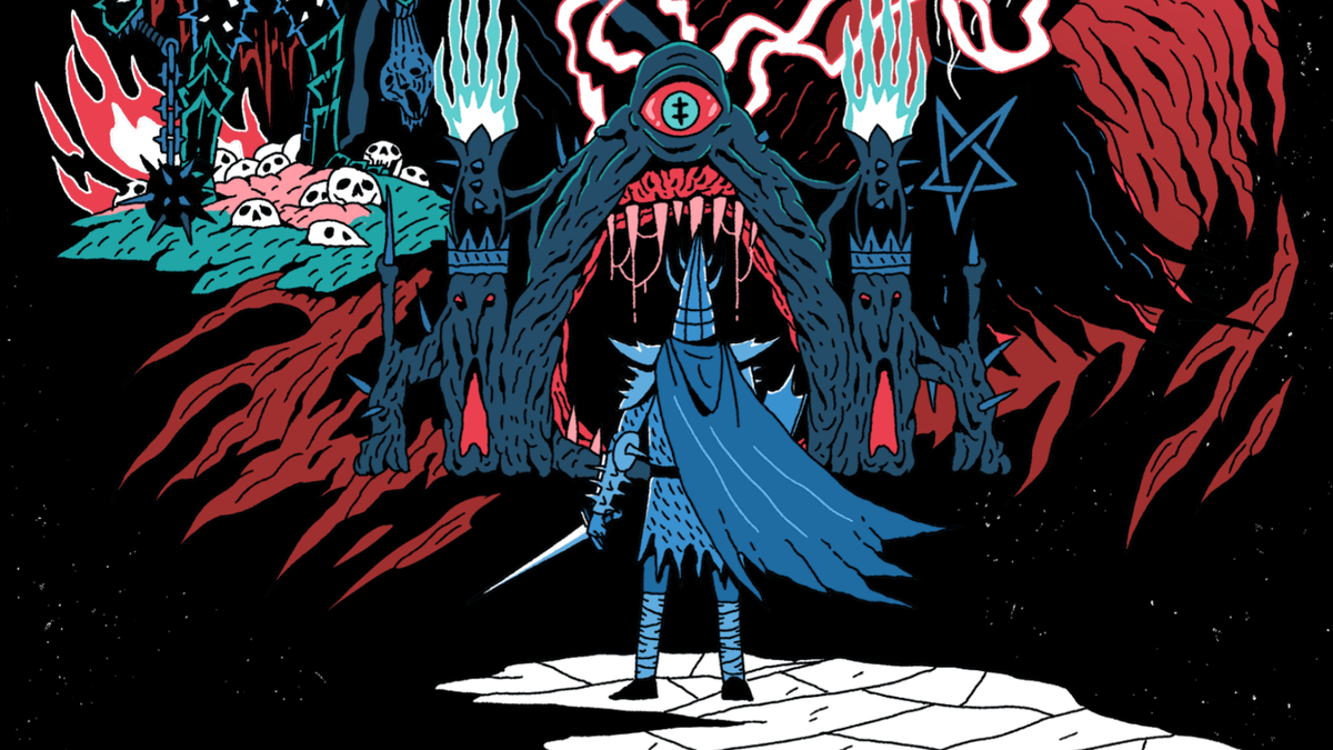 Illustrated poster of a night in ragged cloak standing before a nightmarish castle with eyeballs and flames.