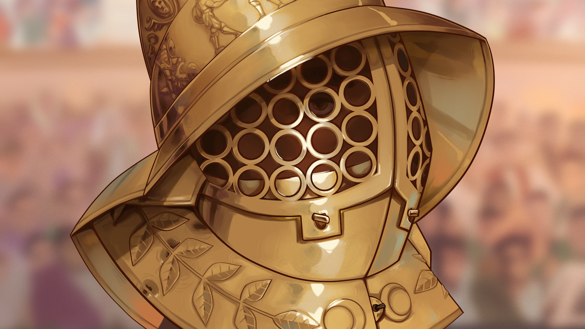 Illustration of a gladiator wearing a golden helmet engraved to depict warriors and animals. The helmet features a lattice-like faceplate and decorative laurel patterns on the neck guard.