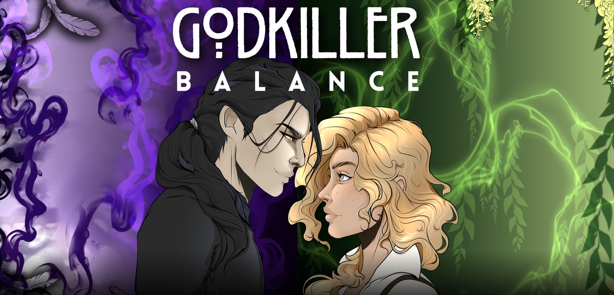 Illustration showing two figures, one black and the other blonde, facing each other at an intimate distance. Text reads "Godkiller: Balance"