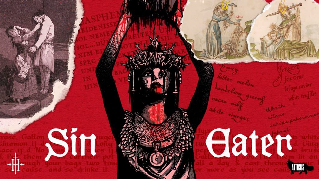 A person holding something above their head. On the red background, recipes in different languages and fonts appear. In larger white text appears the words "Sin Eater"